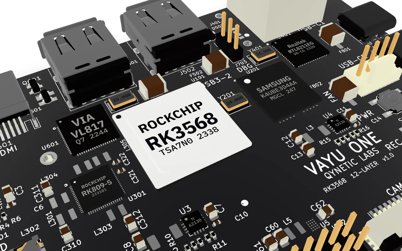 Close-up of the Rockchip RK3568 processor on Vayu One