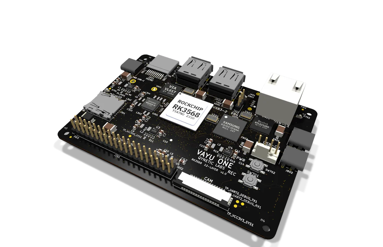 Vayu One, a black single-board computer with a Rockchip RK3568 processor, two USB ports, Ethernet, HDMI and a 40-pin header